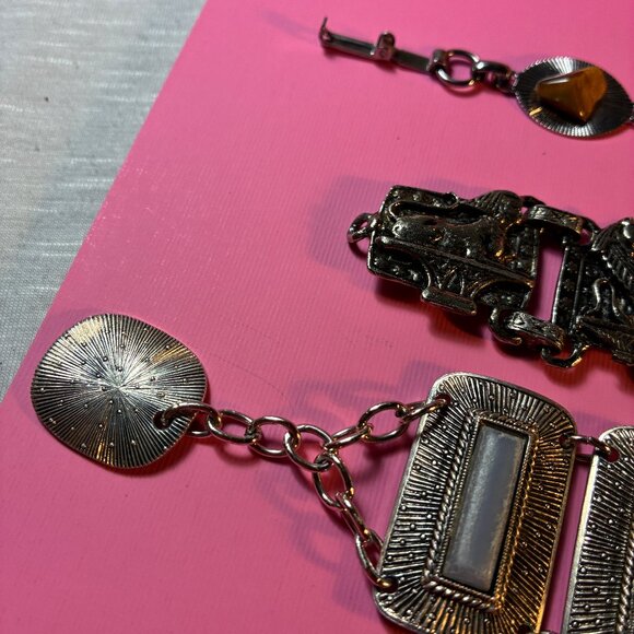 3 Bracelets * Tiger Eye Teeth Silver tone* Celluloid Blue Rectangles* Egyptian - Picture 11 of 15